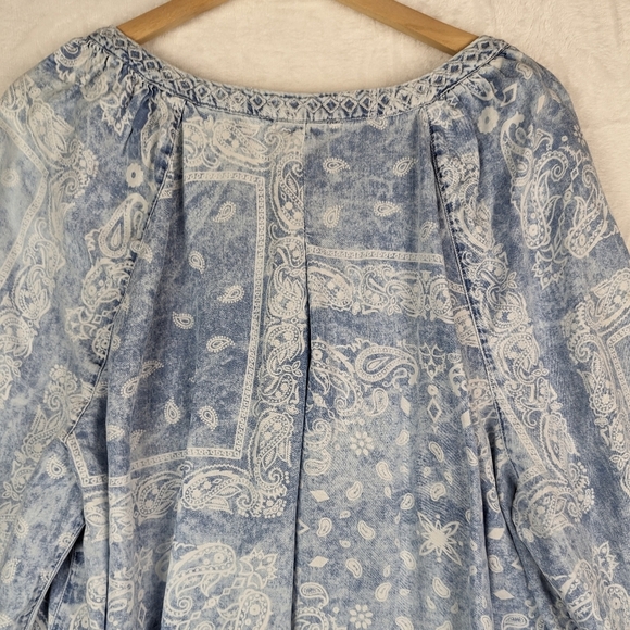 Vintage America Chambray Denim Peasant Blouse Top XXL Blue Handkerchief Print - Picture 8 of 15